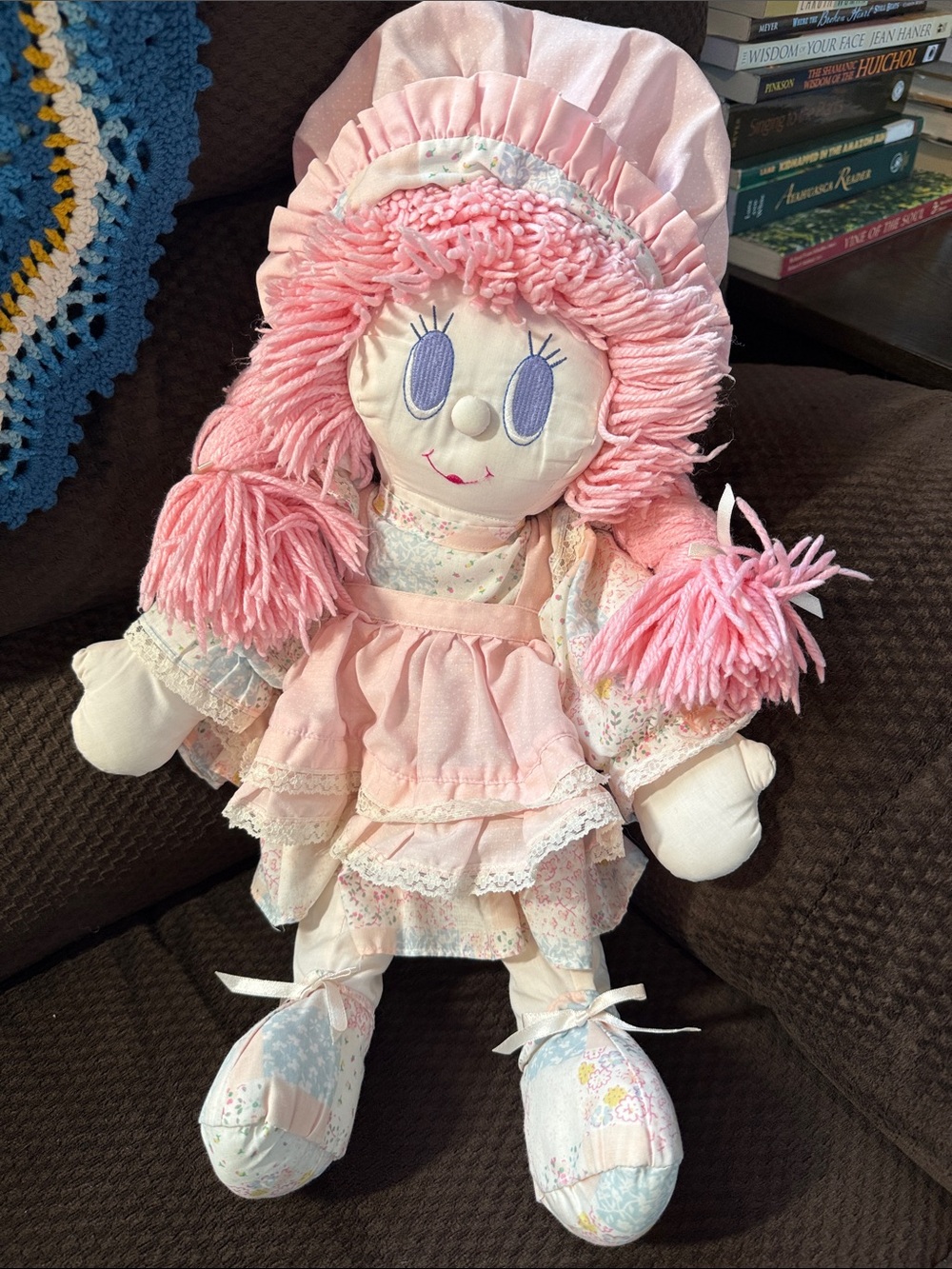Vintage 1980s Plush Doll 1989 Designer Dolls Pastel Pink Rag Doll Yarn Rare